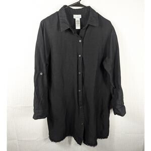 Tommy Bahama L Black Linen Blend Button Front Shirt Womens Roll Tab Sleeve Tunic